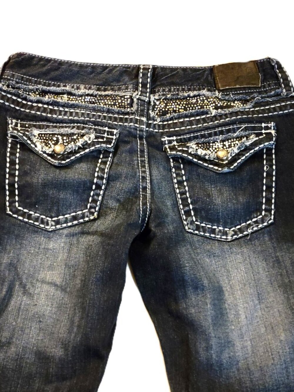 Maurices M-Series Premium Flare Jeans 11/12 Long Rhinestone Flap Pocket Y2K